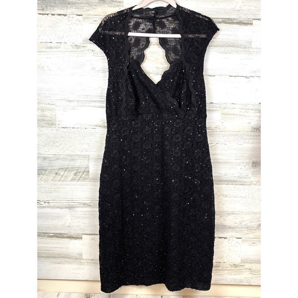 Connected Apparel Womens 16 Black Sequin Lace Cutout Back Midi Cocktail Dress